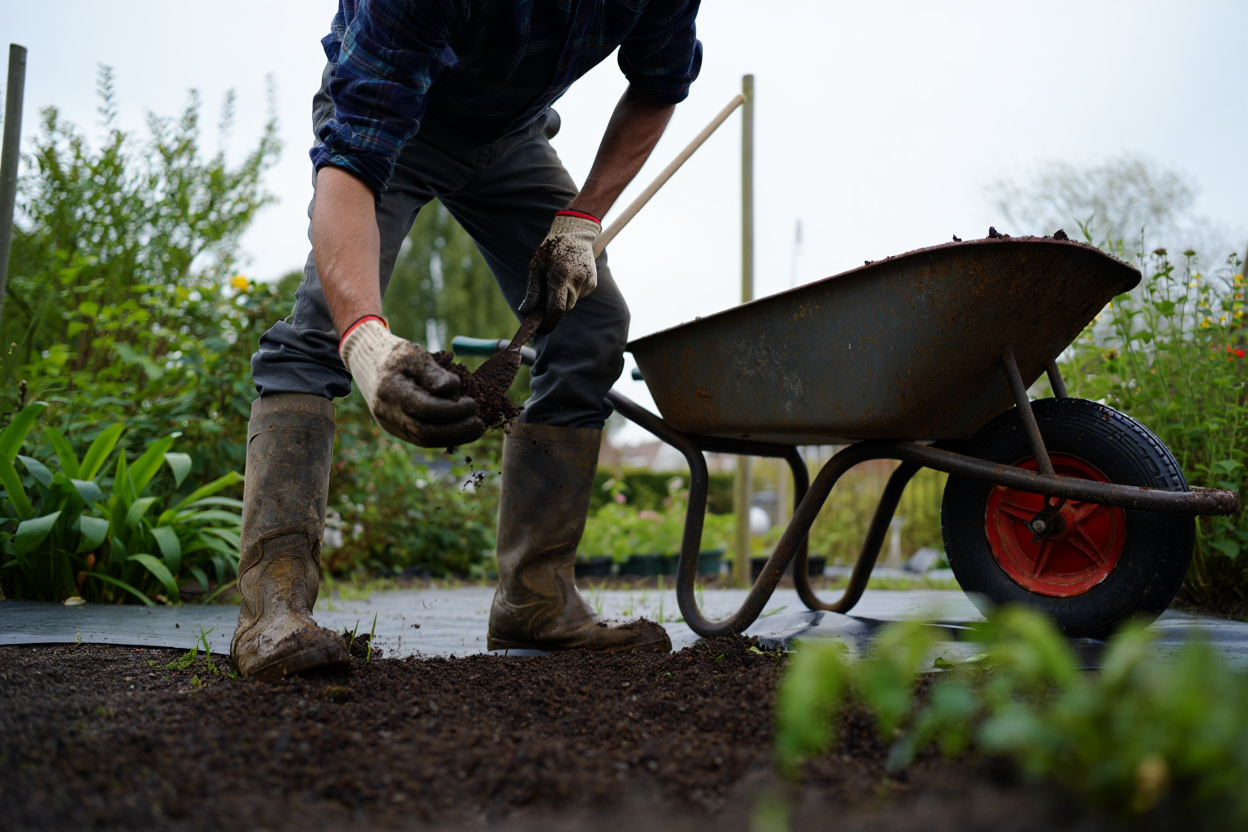 Hovenier bezig met tuinaanleg