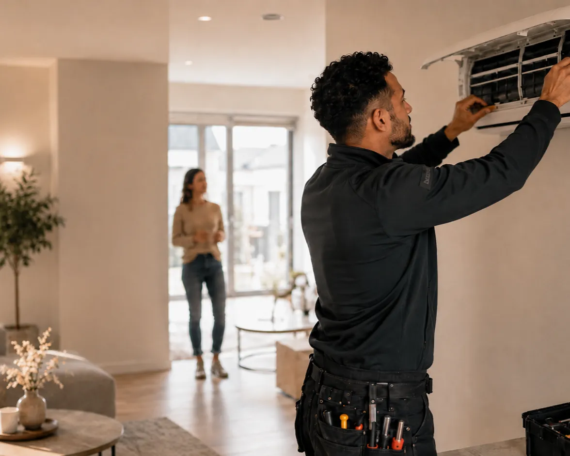 Vakman installeert airco in moderne woonkamer terwijl klant toekijkt